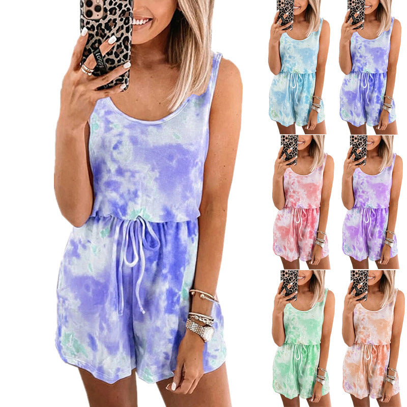 Tie Dyed Casual Tank Top One Piece Shorts