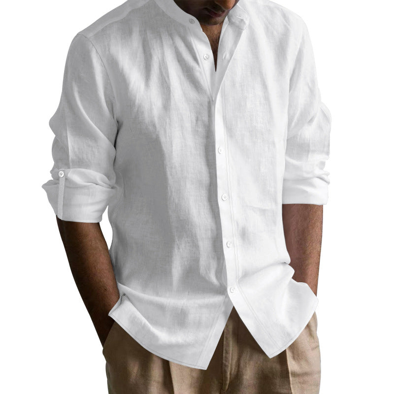 Men's Linen-cotton Long Sleeve Stand Collar Shirt