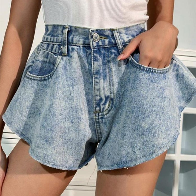 Washed Raw-edge Denim Shorts Versatile And High-waisted