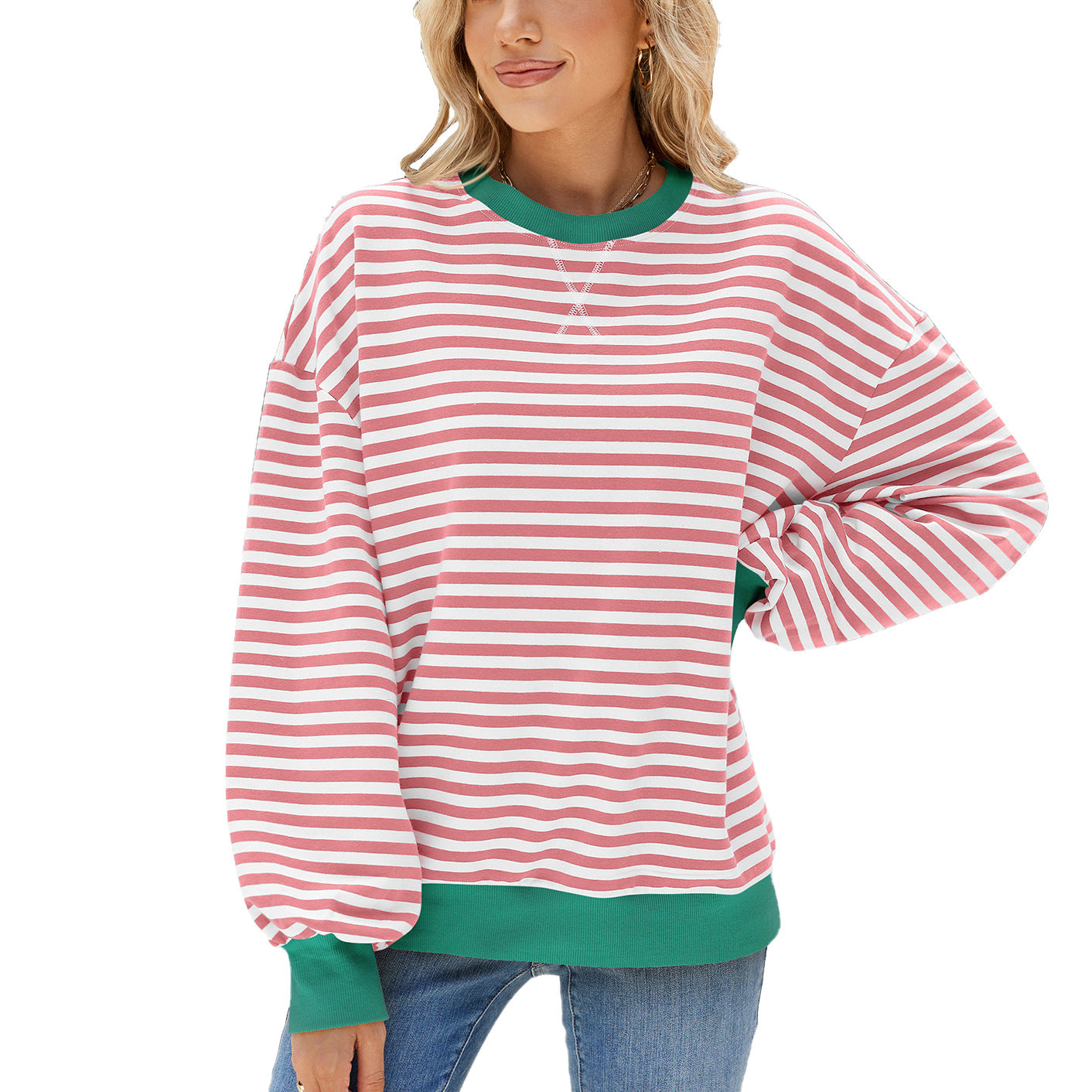 Kvinder Stribet Rund Hals Kontrastfarve Løs Langærmet Sweatshirt