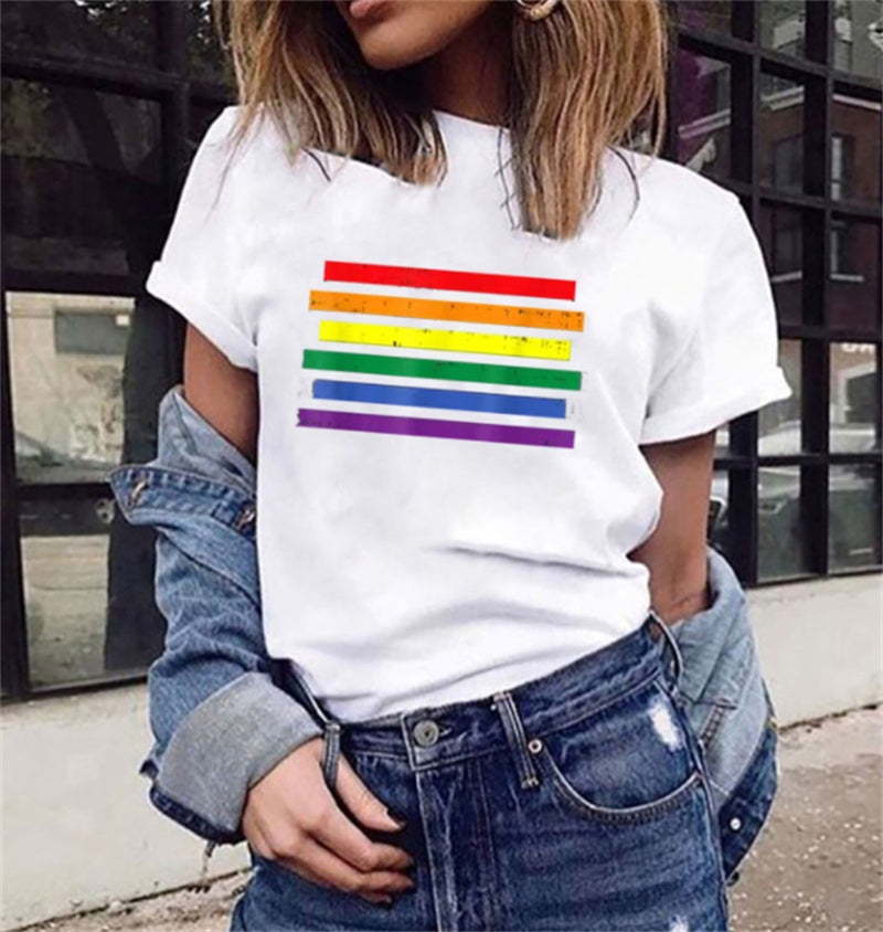 Rainbow Alphabet Print Casual Ladies Short Sleeves