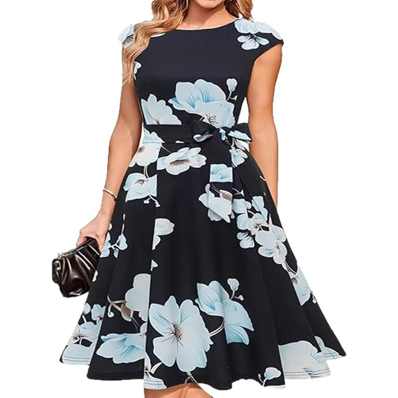 Elegant Round-neck Sleeveless Tie-waist Printed Dress