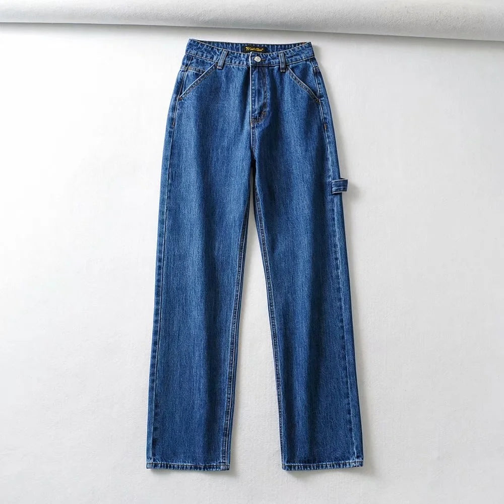 High Waist Slim Wide Leg Jeans Retro Tooling Fashion Stitching Long