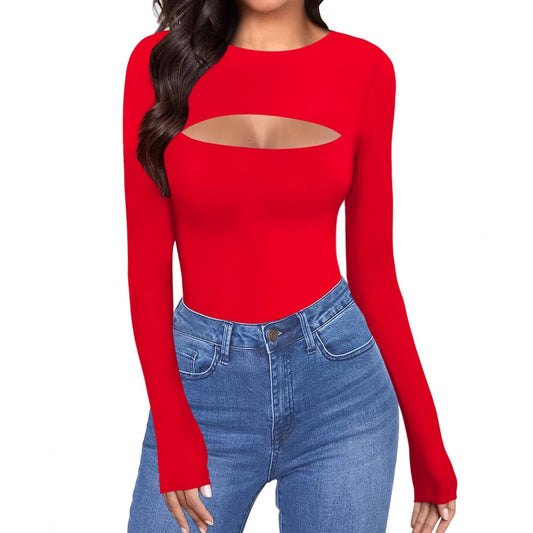 Womens Hollow-out Long-sleeve Top With A Chest-enhancing Design And Matching Jumpsuit