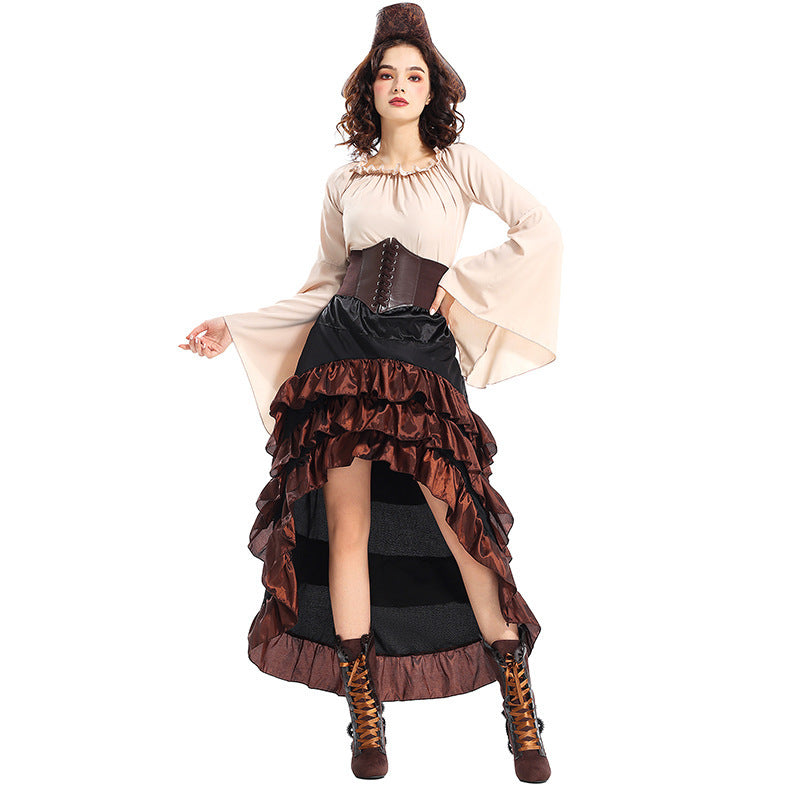 Halloween Costume Medieval Irregular Pirate Queen Waist-tightening Clothes Lotus Leaf Maxi Dress