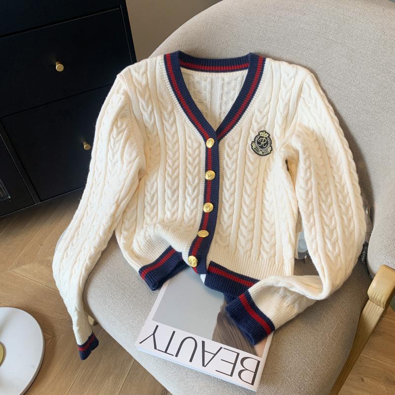 V-collar Contrast Color Knitted Cardigan Waist Slimming Cable-knit Sweater