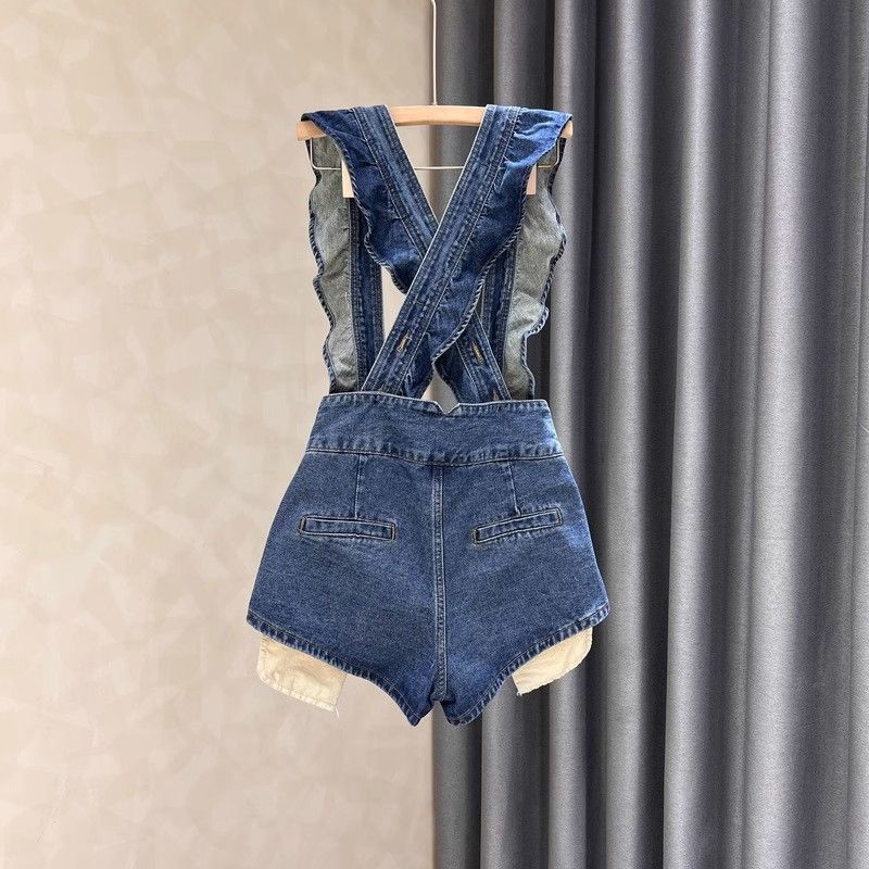 New Womens Blue Denim Suspender Shorts