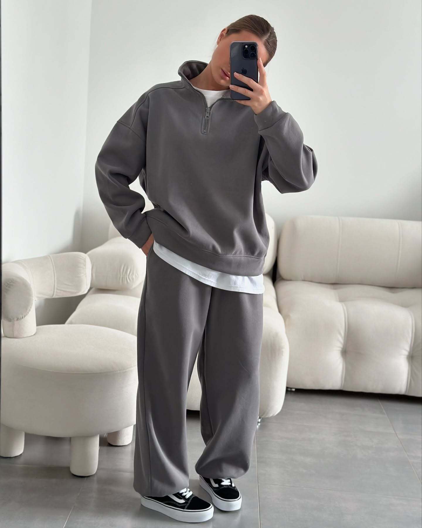 Fashionable Half-Open Collar Long-Sleeve Hoodie And Pants Casual Set