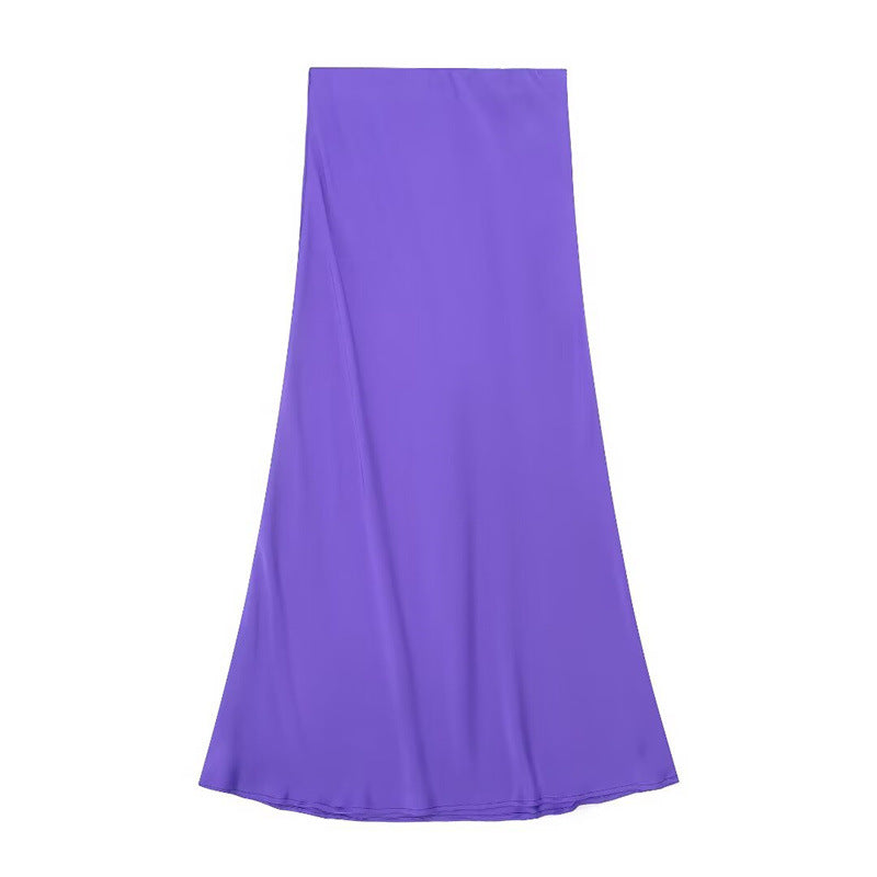 Solid Color Slim Silk Satin Texture Midi Skirt