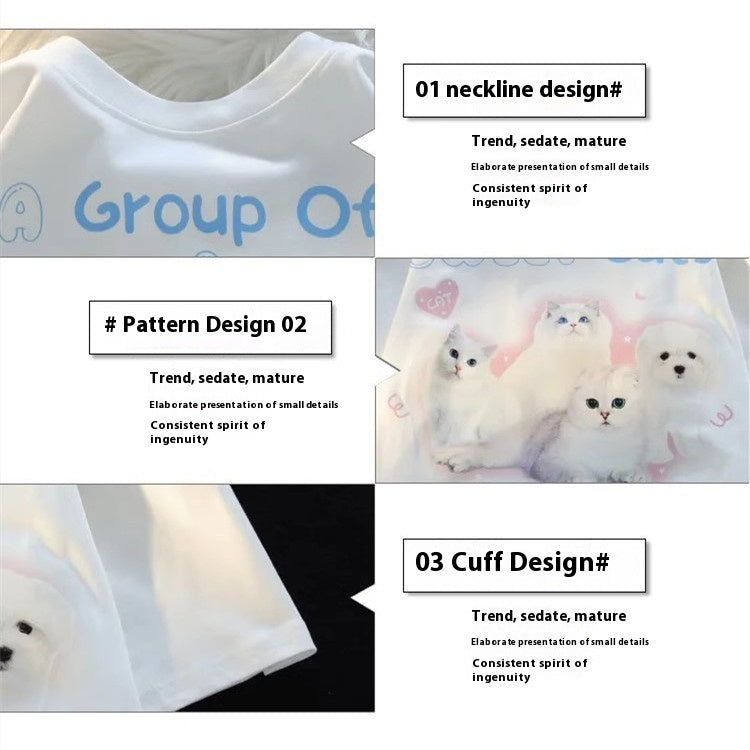Sød T-shirt med katteprint og korte ærmer