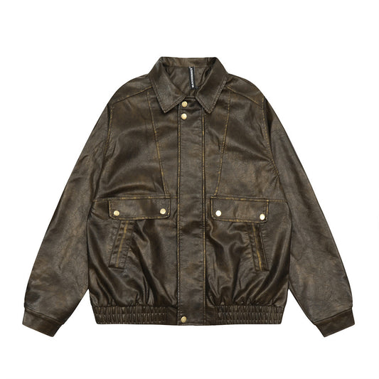 Vintage Distressed PU Leather Jacket Men's High Street