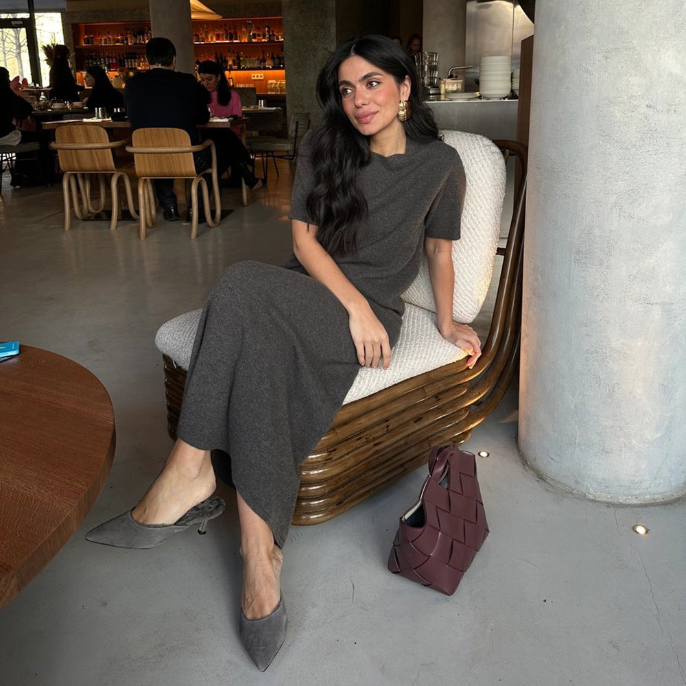 Minimalist Designed Knit Womens Short Sleeve Skirt Set