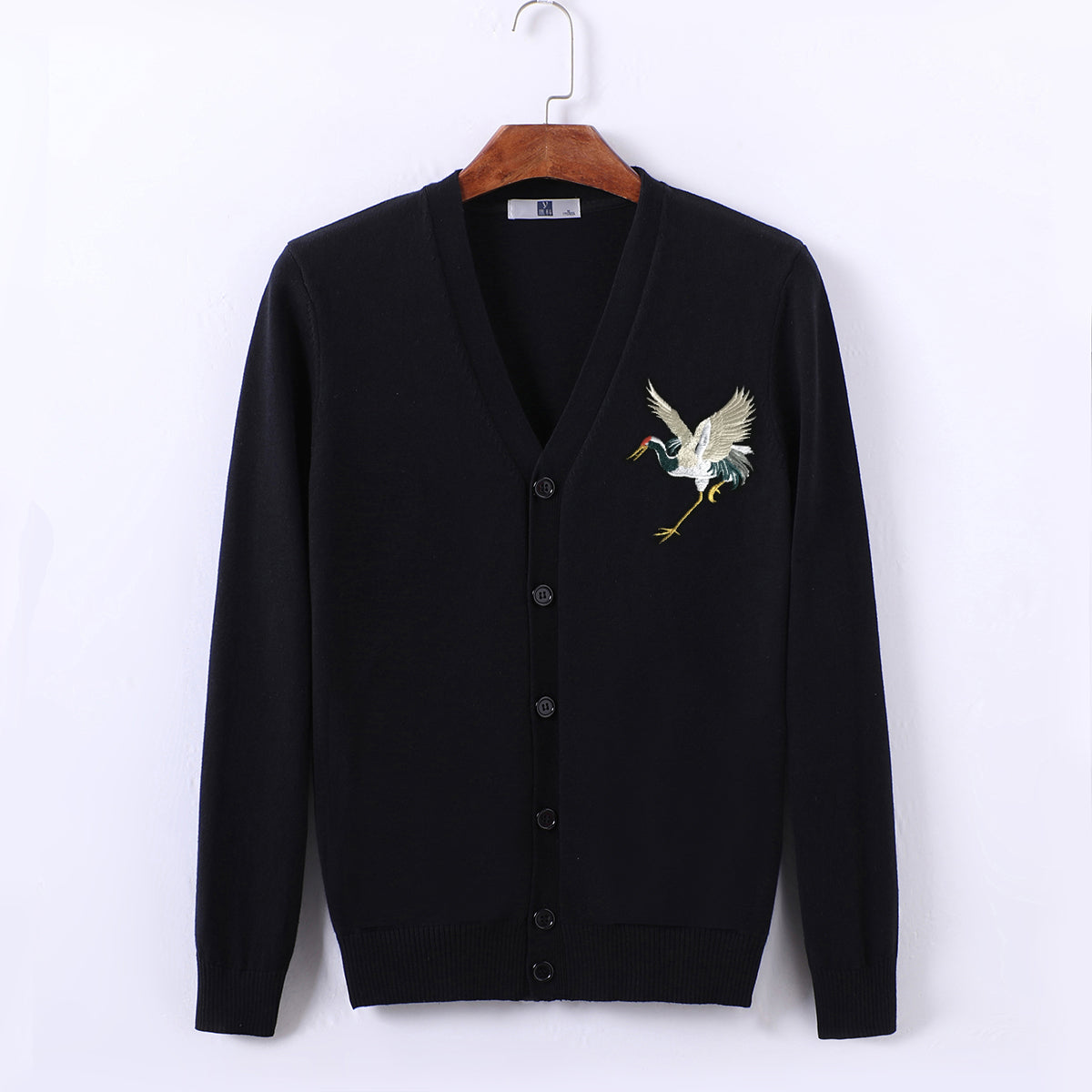 Chinese Style Crane Embroidery Knit Thin Cardigan Men'S Sweater V-Neck Top