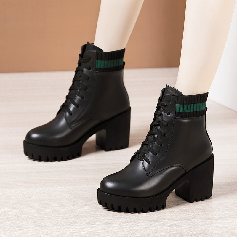 Women's Round Toe Lace Up Chunky High Heel Solid Color All-match Ankle Boots