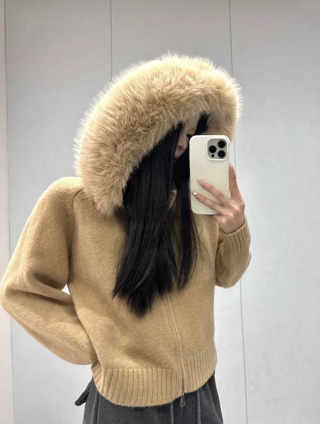 Vintage Knitted Cardigan Long Sleeve Fur Collar Coat