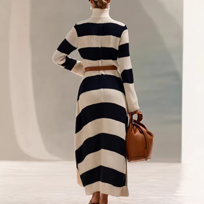 Navy And White Contrast-striped Long-sleeve Dress