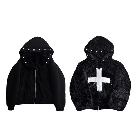 Street Furry Hooded Zip-up Reversible Jacket
