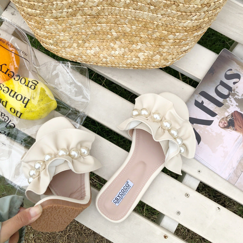 Pure color summer ruffled flat pearl slippers