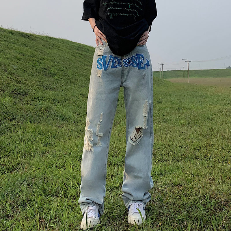 Ripped Letter Embroidered Heavy-duty Jeans