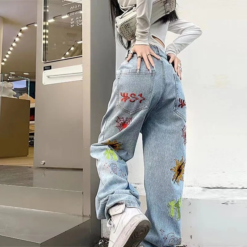 Women's High Street Hip-hop Washed Embroidered Jeans