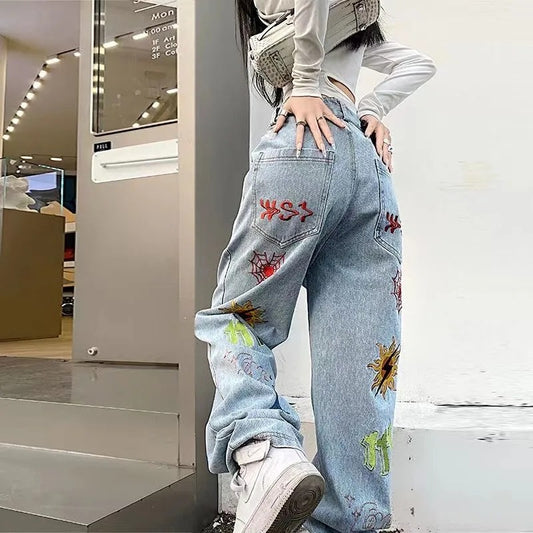 Women's High Street Hip-hop Washed Embroidered Jeans
