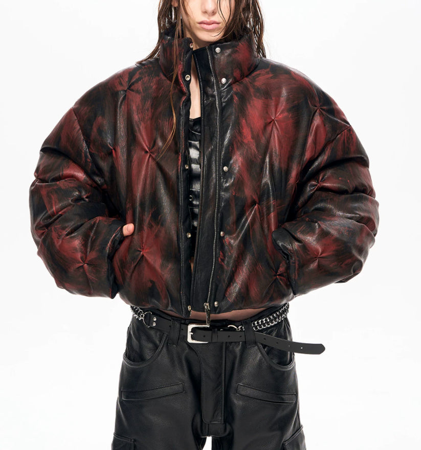 Cropped Leather Puffer Jacket With A Stand-up Collar And Shirring