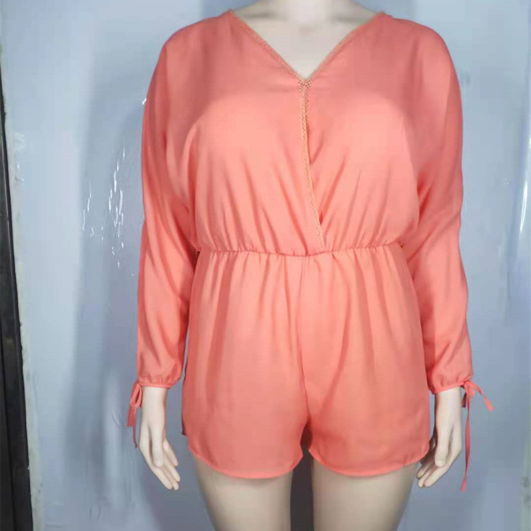 Women's Fashion Casual Solid Color V-Neck Doll Sleeve Jumpsuit