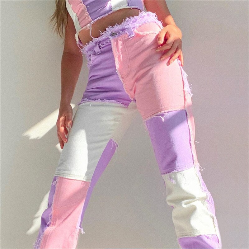 Women's Fashionable Slim Contrast High Waist Jeans