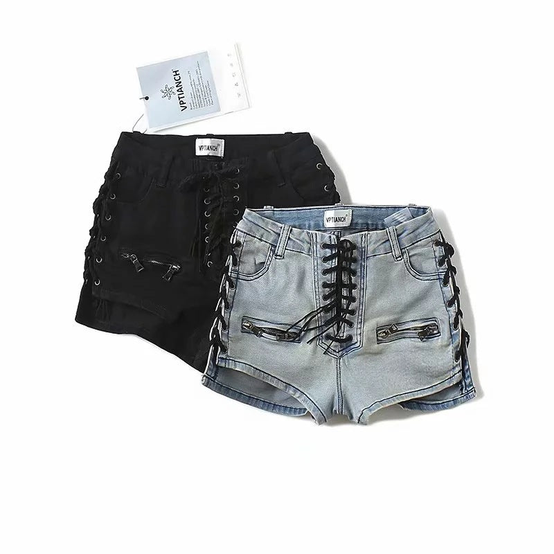 Heavy Industry Lace-Up Denim Shorts Women European And American Trend Women's Pants