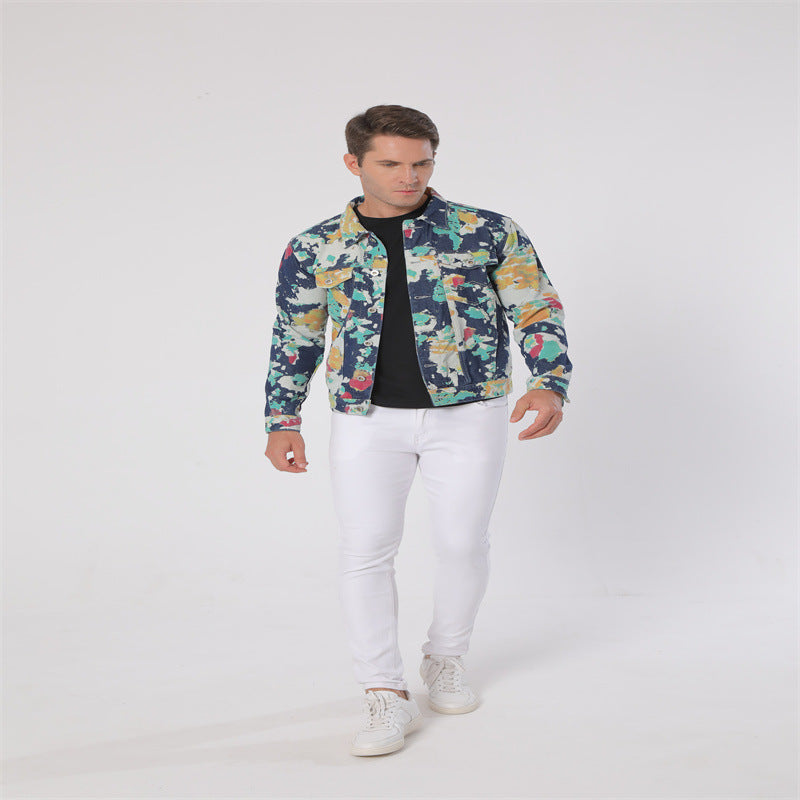 Lapel Denim Camouflage Hand-painted Floral Cloth Long Sleeve Non-elastic Denim Coat Jacket