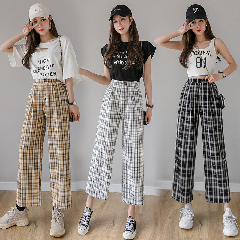 Cotton and linen checked wide-leg pants