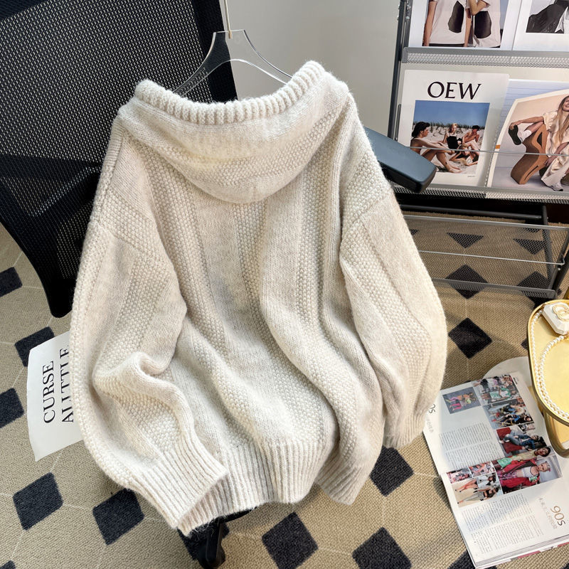 Hooded Soft Glutinous Thick Drawstring Knitted Sweater Top