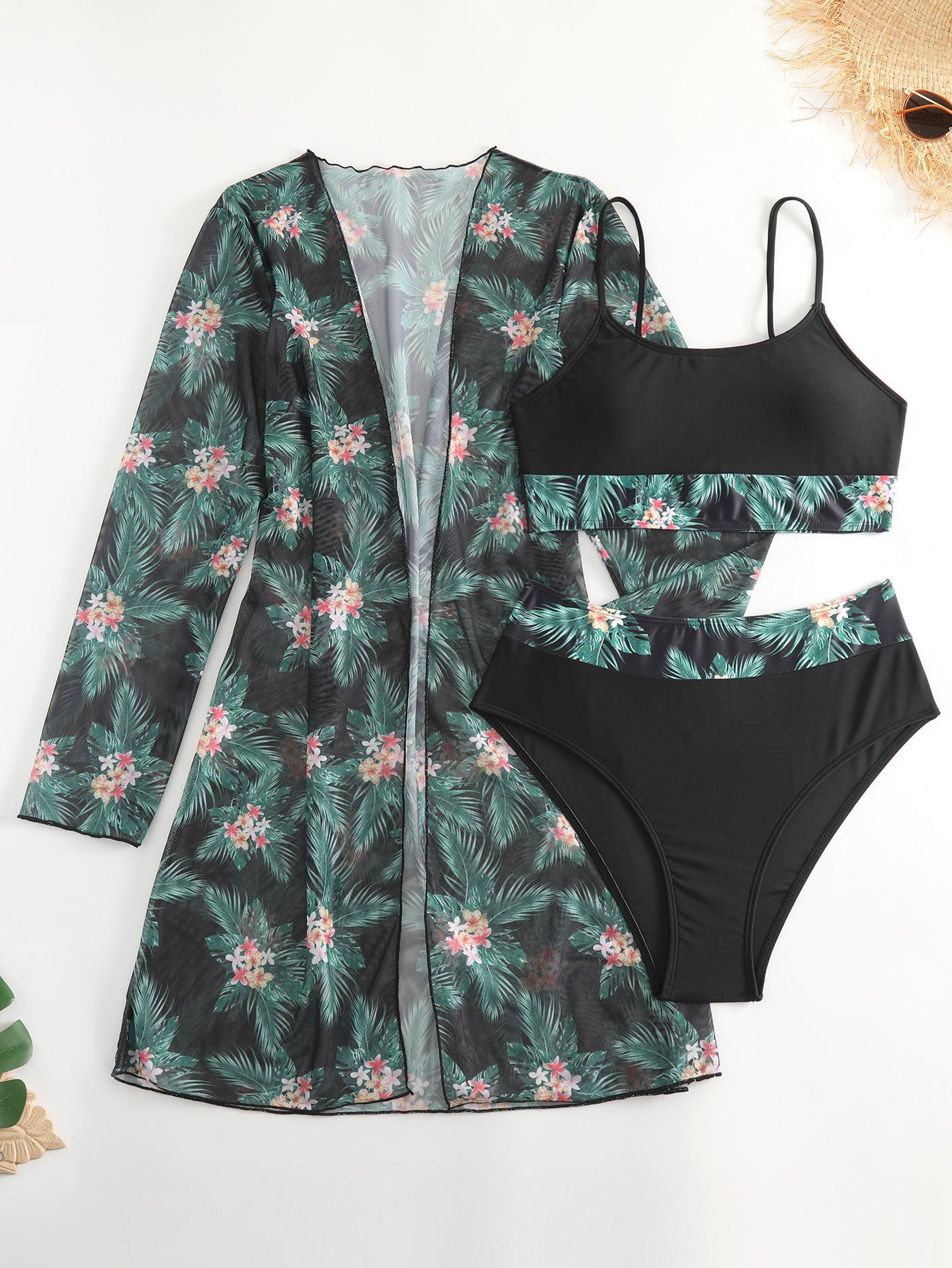 Fashionable Maple Leaf Halter Low-Waist Three-Piece Swimsuit