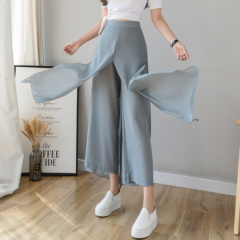 High Waist Slim Fashionable Ice Chiffon Broad Leg Pants Female