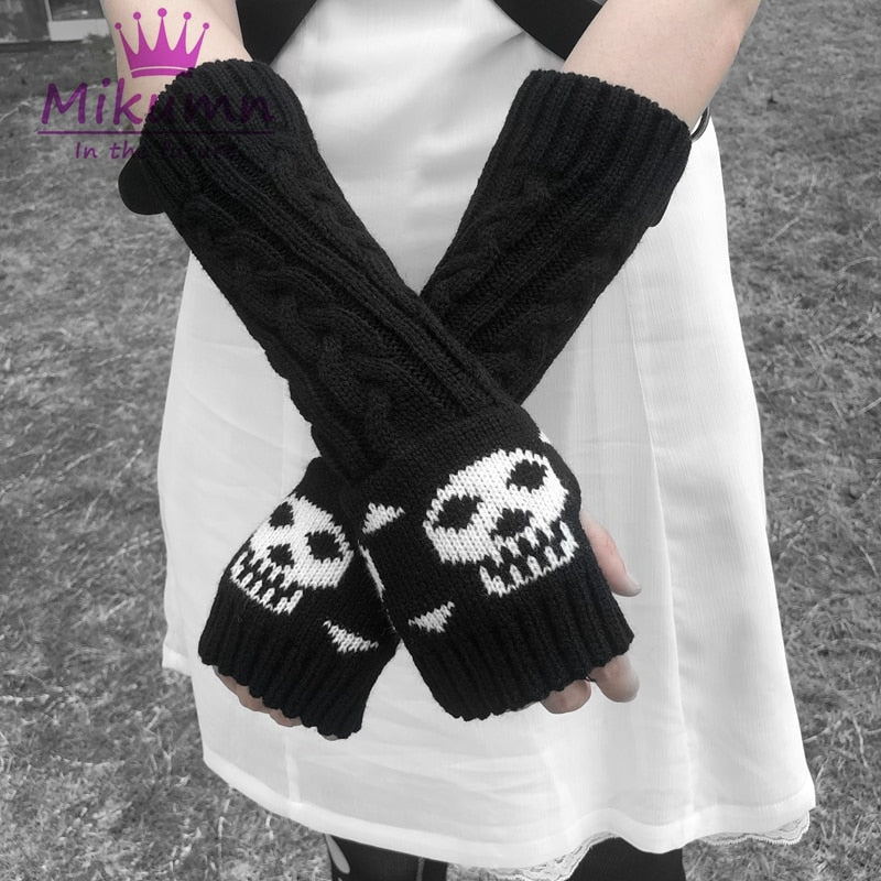 Skull Mid-Length Knitted Warm Half-Finger Gloves