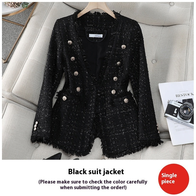 French Socialite Elegant V-neck Double-breasted Tweed Top