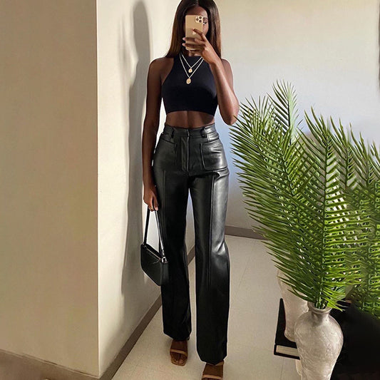 Two-pocket sexy slim PU leather pants