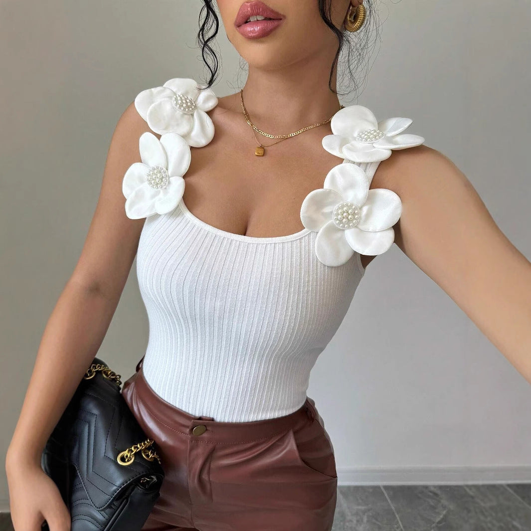 Women's 3D Floral Decorated Knitted Sleeveless Top