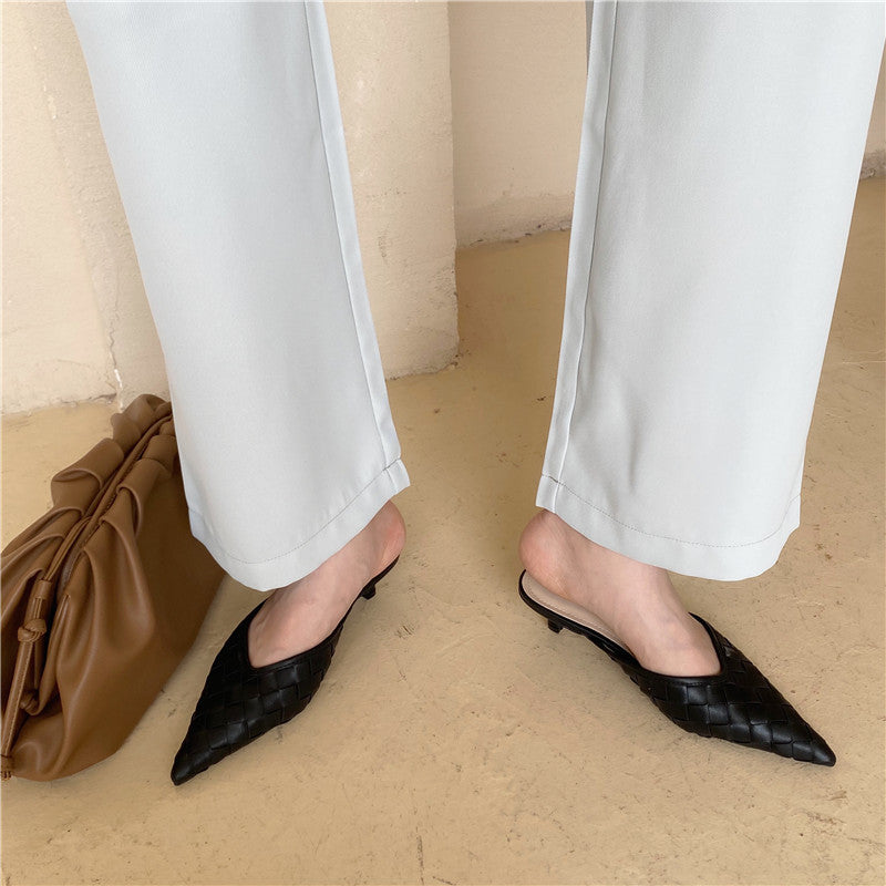 Woven pointed mid-heel half slippers