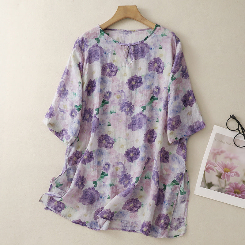 Womens Cotton-Linen Printed Shirt Loose  Mid-Length New Chinese-Style Top For Women