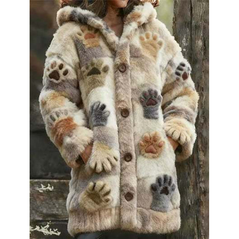 Womens Hooded Coat Printed Plush Hoodie Long Top