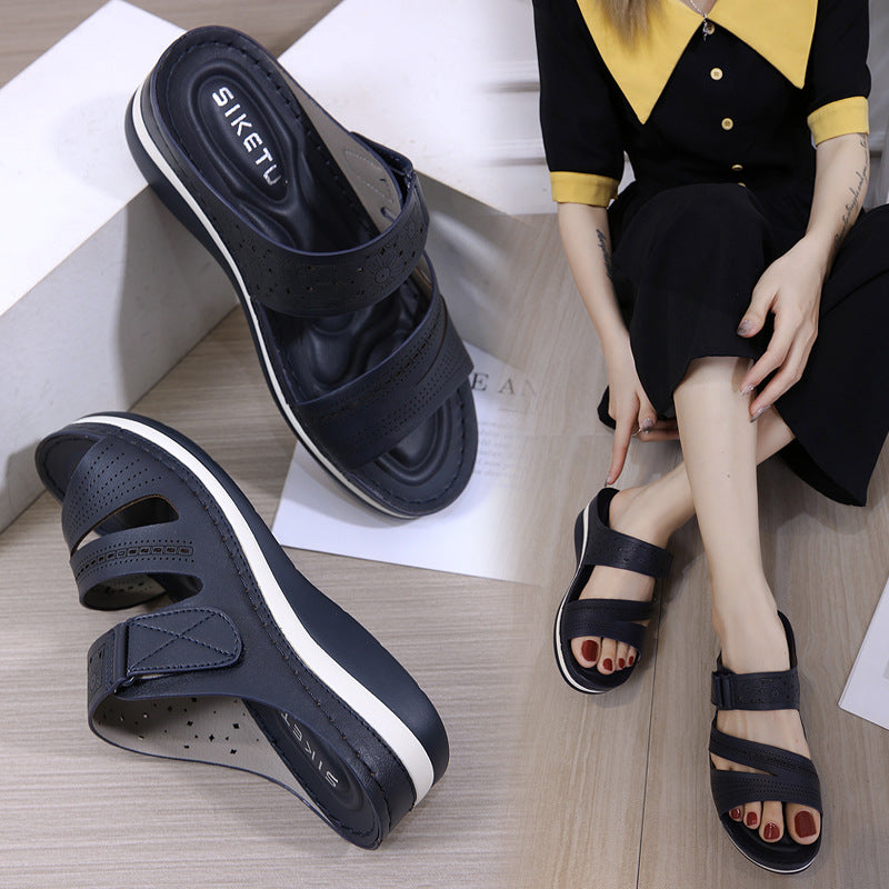 Hollow Wedge Platform Shoes With Velcro Solid Color Casual Roman Slippers