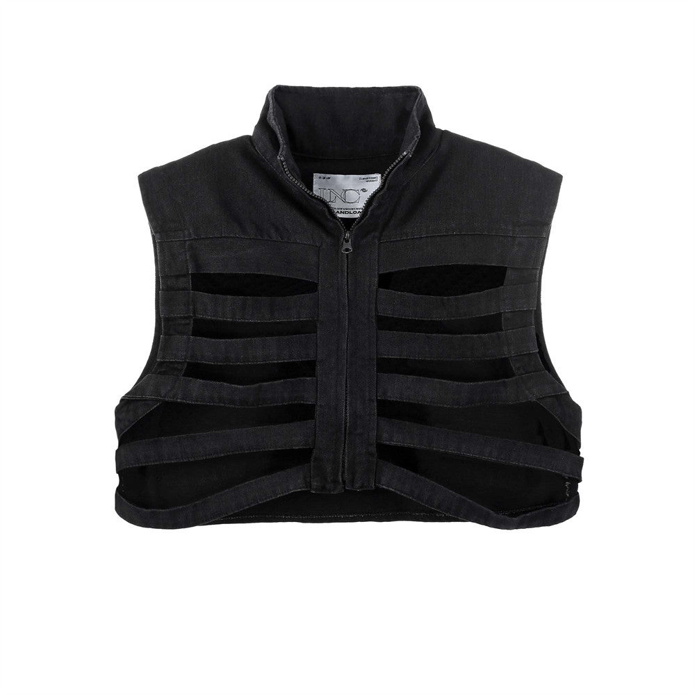 Short Hollow-out Denim Stand Collar Vest Men's Workwear Sleeveless Vest