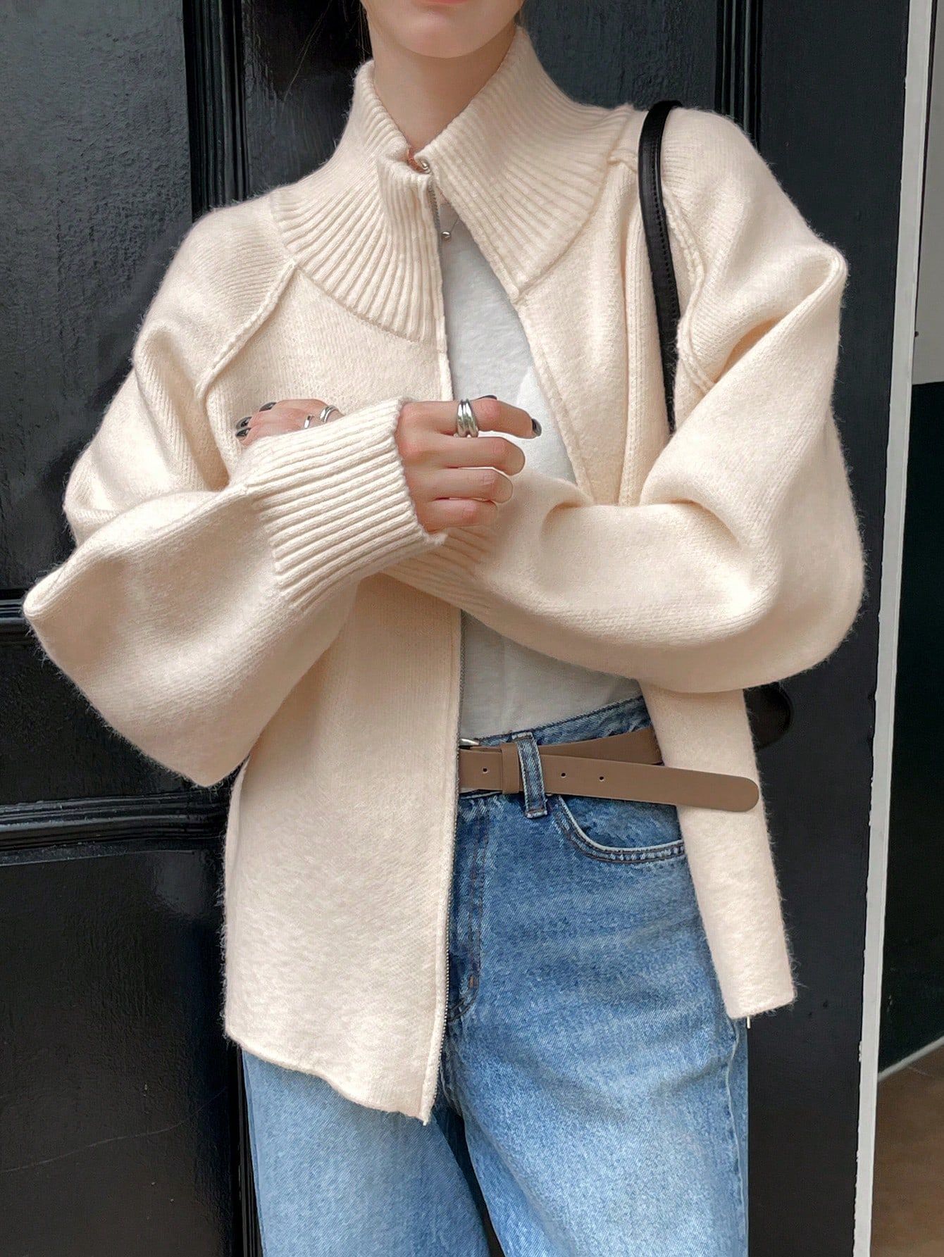 Solid Color Stand Collar Zipper Knitted Cardigan Top