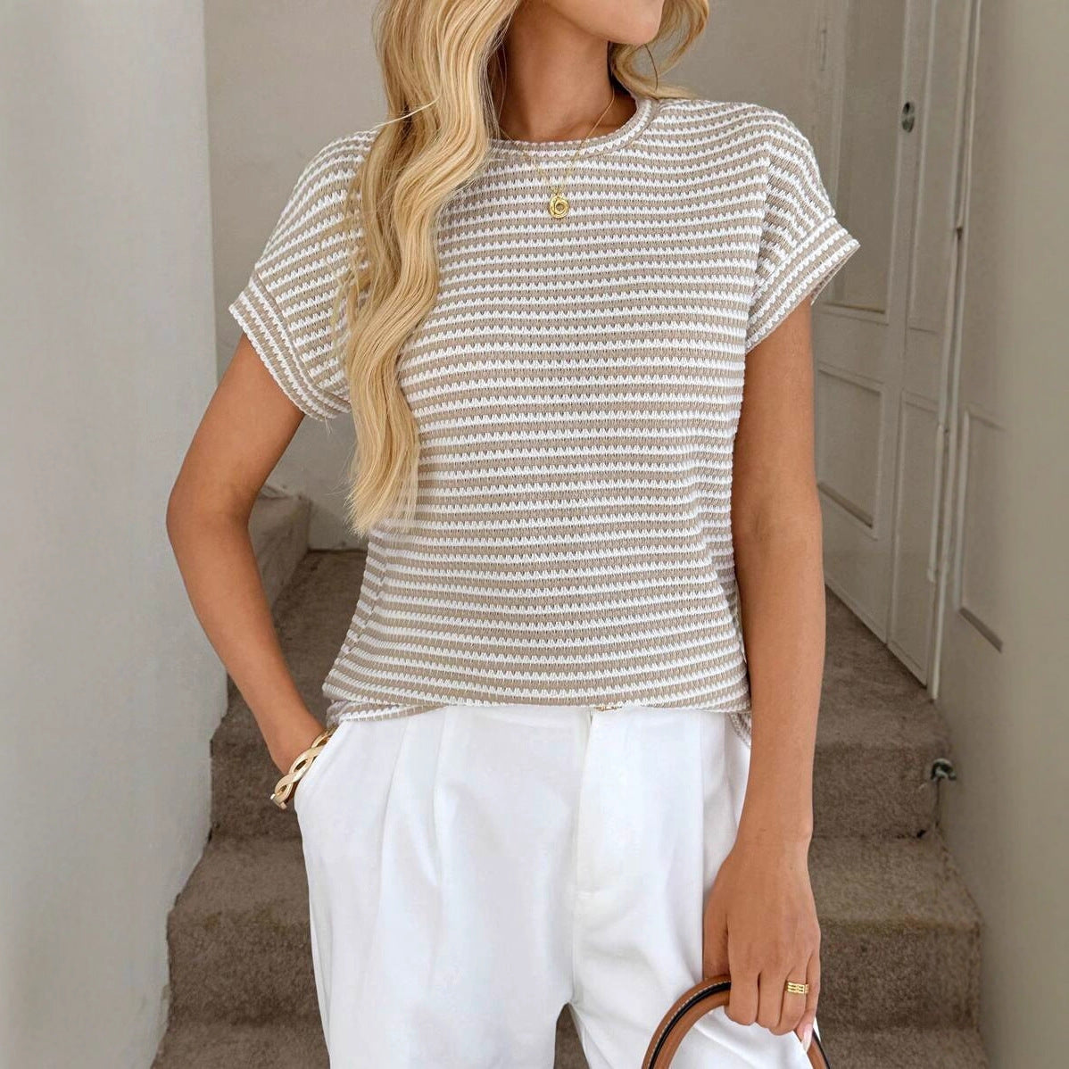 Crew-neck Two-tone Knitted Short-sleeve Top