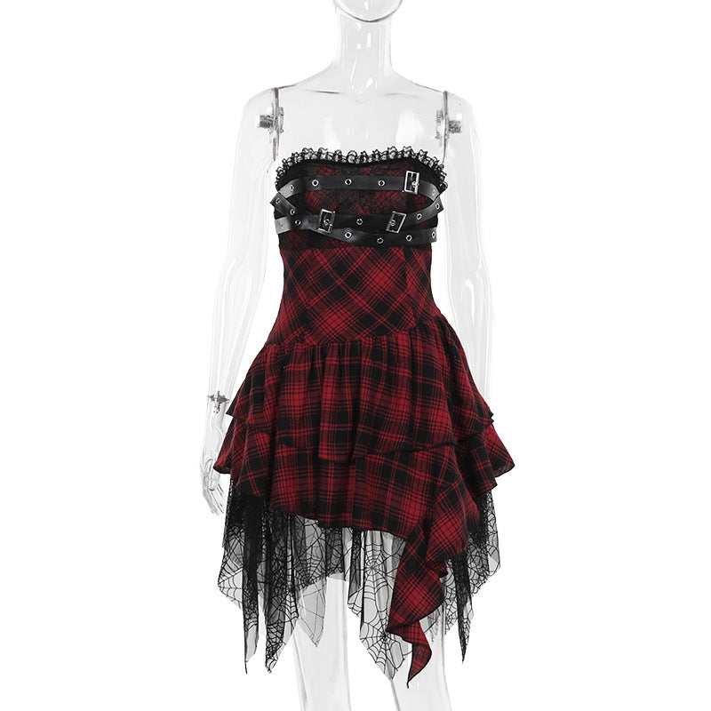 Chic Sophisticated Red Plaid Tube Dress With A Sensual High-end Vibe
