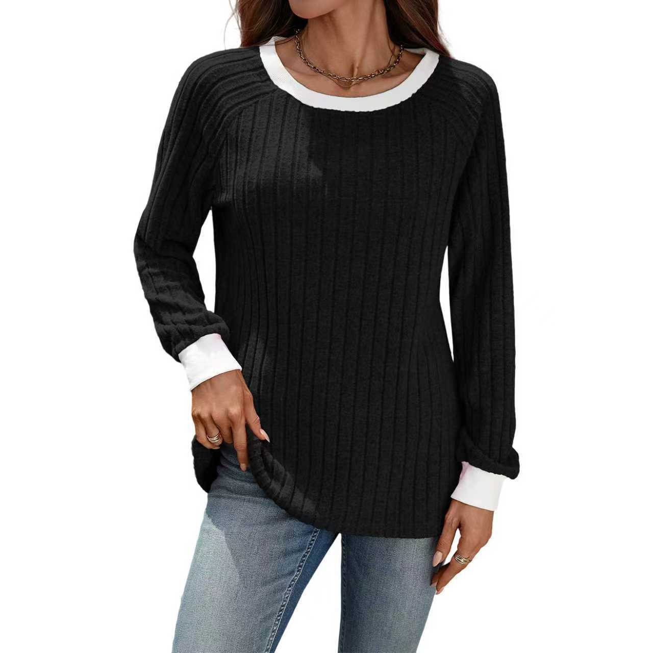 European And American Autumn And Winter Round Neck Contrast Color Long Sleeves Sunken Stripe T-shirt