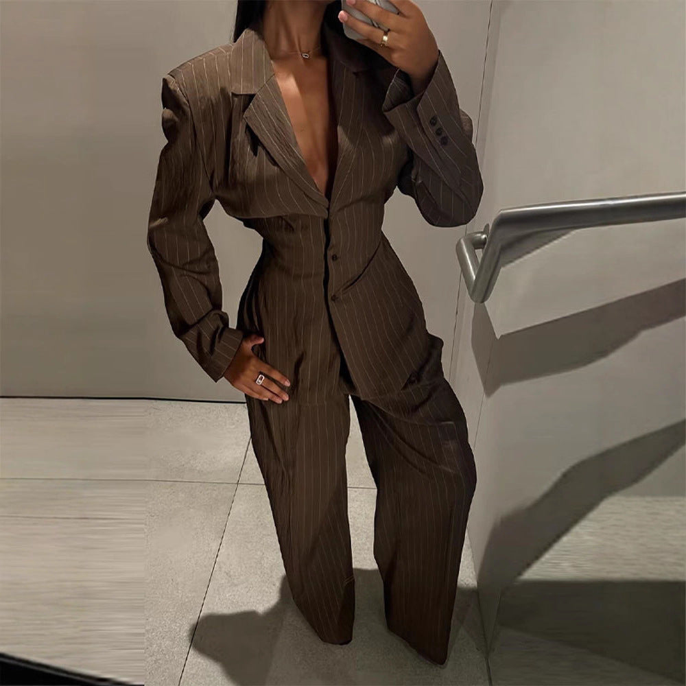 V-neck Temperament Waist-controlled Lace-up Striped Suit Jacket Trousers Suit