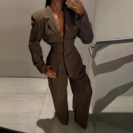 V-neck Temperament Waist-controlled Lace-up Striped Suit Jacket Trousers Suit