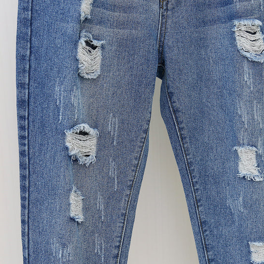 Women's High Waist Pants Plus Size Jeans With Ripped Holes
